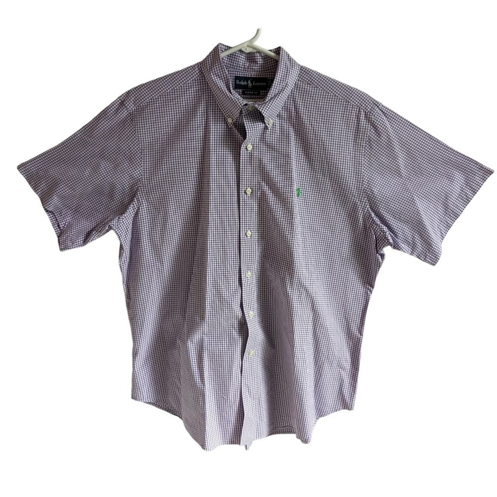 Ralph Lauren Classic Fit Short Sleeve Button Front Shirt Purple Plaid Check XL